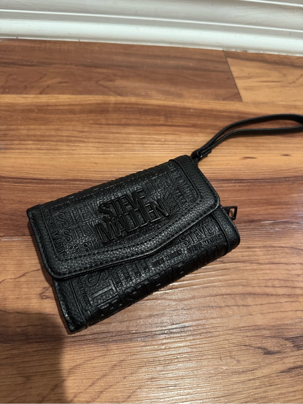 Steve Madden Black Embossed Wristlet Wallet with Logo Detail